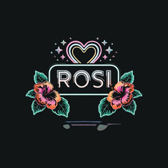 Rosi neon sign design with a heart shape stars and colorful hibiscus flowers in tropical style