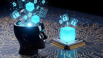 AI brain processing data with secure digital locks and circuits