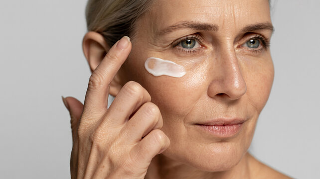 Middle aged woman applying anti aging eye cream with finger on face close up portrait showing skin texture and wrinkles for skincare beauty treatment routine on neutral studio gray background