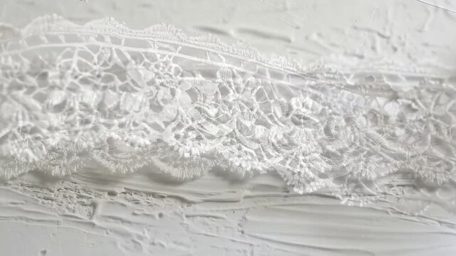 Delicate white lace trim elegantly displayed against a textured, monochromatic background.