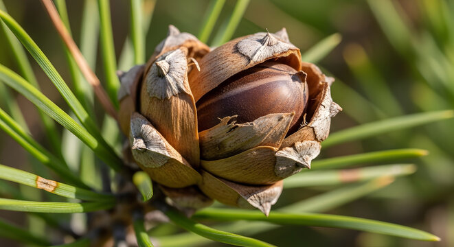 Close up macro photography of a pine nut inside its protective woody cone shell