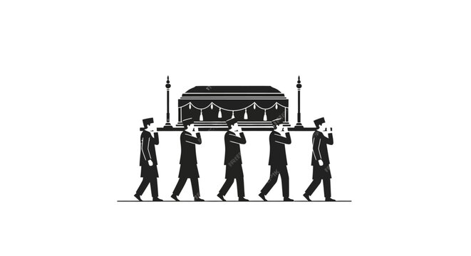 A solemn funeral procession with pallbearers carrying a classic wooden coffin on their shoulders against a clean white background in a simple illustration.