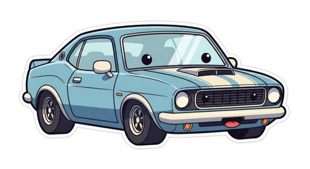 Adorable Cartoon Light Blue Vintage Coupe with White Stripes and Eyes, Pixel Art Style
