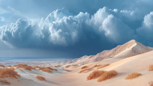 A serene desert landscape with sand dunes, sparse plants, mountains, and a cloudy sky