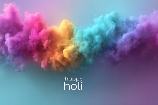 A vibrant cloud of colorful smoke with the words 'happy holi' written in white text