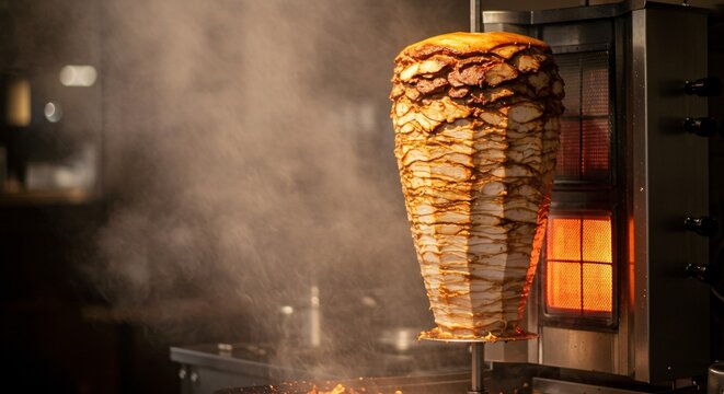 Delicious Shawarma Cooking on Vertical Rotisserie &ndash; Authentic Turkish Street Food Kebabs