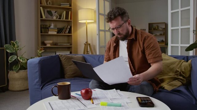 Medium shot of adult man using laptop while sitting on couch at home and working with finances, various documents scattered on table, copy space