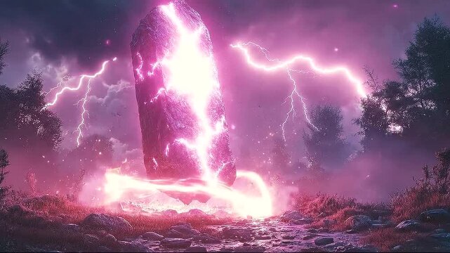 Mysterious glowing rock levitating amidst a stormy landscape