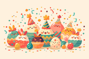 Obraz premium Festive Cartoon Eggs with Party Hats and Decorations 