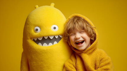un ni&ntilde;o muy feliz y contento junto a su monstruo de las emociones y sentimientos sobre un fondo amarillo liso ayuda a forjar los sentimientos 