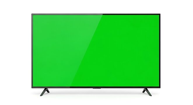 A modern television screen displaying a green chroma keying background on a white stand