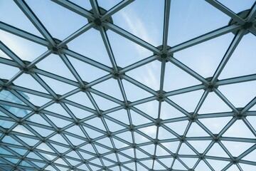Modern geodesic dome structure with a glass ceiling against a clear blue sky, showcasing architectural innovation and design.