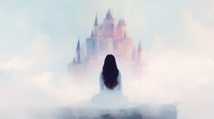 Naklejka premium Woman sits on a rock and looks at a castle in the clouds during daytime