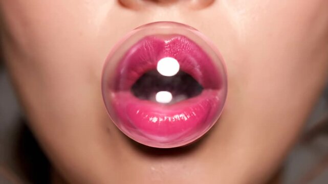 Macro shot of glossy pink lips blowing chewing gum bubble burst