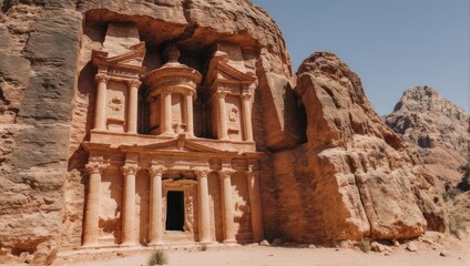 Ancient Nabataean Treasury Al Khazneh in Petra Jordan carved into sandstone cliff face.