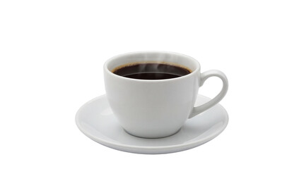 Steaming Hot Black Coffee in White Ceramic Cup and Saucer Isolated on White