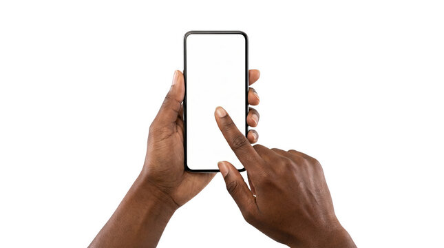 Hands are touching a smartphone with no content shown, AI, PNG