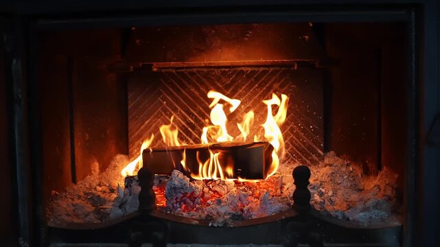 Super slow motion flames in a fireplace insert over glowing coals and ash, creating warm indoor ambience and cozy winter mood for home heating, relaxation, and holiday b-roll.