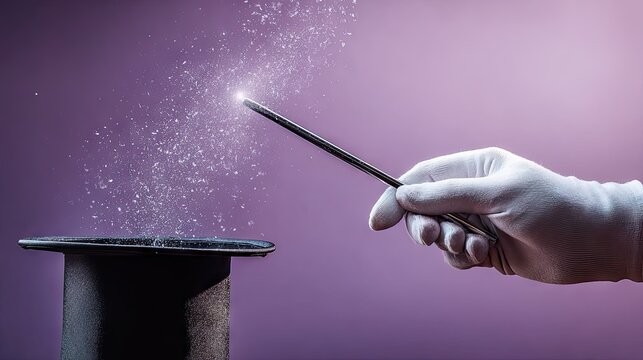 Magicians hand holding wand with sparkles above a top hat on purple