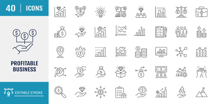 Profitable Business icon set. Includes icons related to business profit. Vector illustration with editable strokes