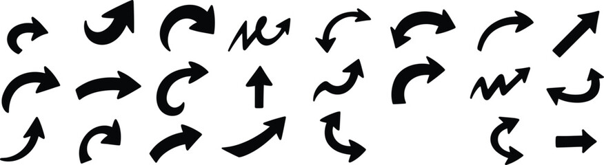 Bold hand drawn arrow set with curved, circular, and directional pointers in black vector icon style © Sumon Creative