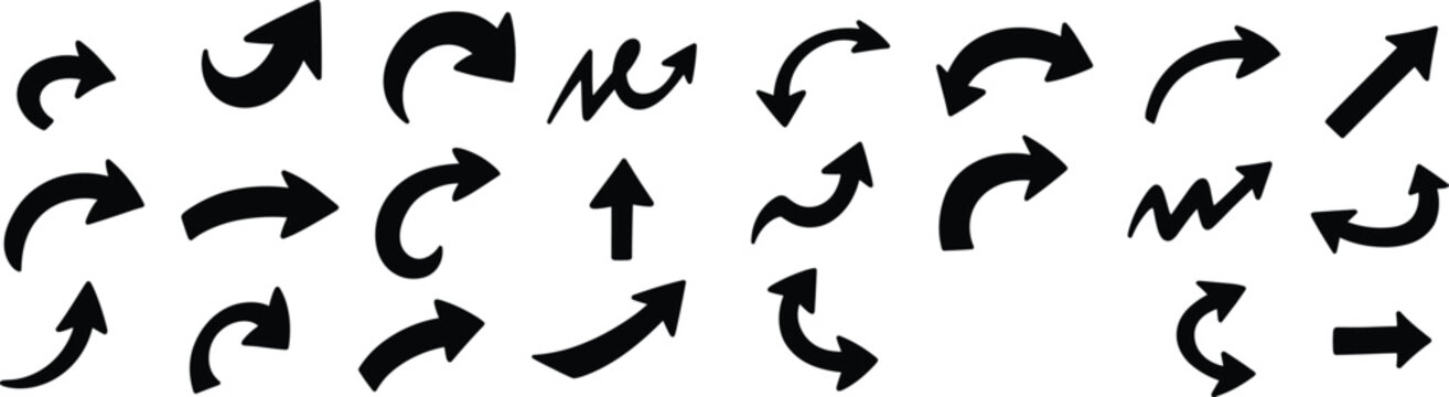 Bold hand drawn arrow set with curved, circular, and directional pointers in black vector icon style