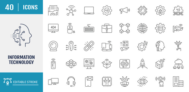 Information Technology icon set. Includes cloud computing, big data, data analytics, internet, network security and more. Vector illustration with editable strokes