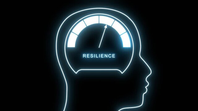 Resilience meter inside head showing high levels. Increasing resilience value. Mental toughness performance. The ability to deal with adversity, continuously adapt and accelerate disruptions, crises.