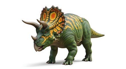 Fototapeta premium Detailed realistic illustration of a Triceratops dinosaur with textured skin and vibrant orange and green markings