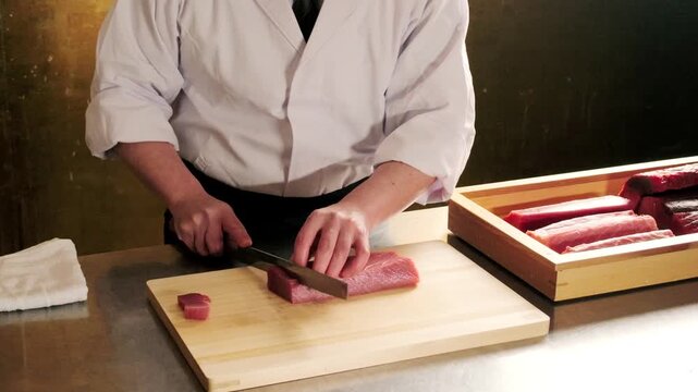 包丁で生のマグロの刺身を切り分ける寿司職人の手元　和食・日本料理のクローズアップ　魚介・海鮮料理　旅行・観光