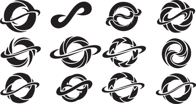 Black and white planet and ring system logo designs