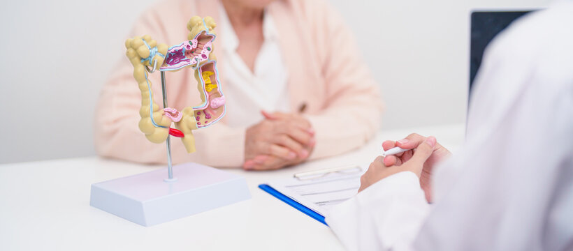Elderly woman Patient consultation with doctor for Colon disease, Large Intestine, Colorectal cancer, Ulcerative colitis, Diverticulitis, Irritable bowel syndrome, Digestive system and Healthcare