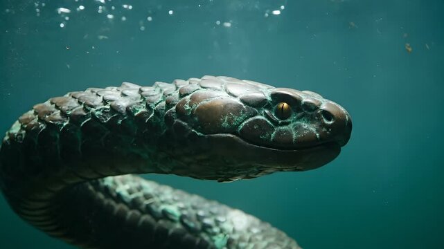 Submerged serpent sculpture, an ancient snake statue with textured scales and glowing yellow eyes, rests in murky green water. Evokes mythology, fantasy, mystery, and historical themes.