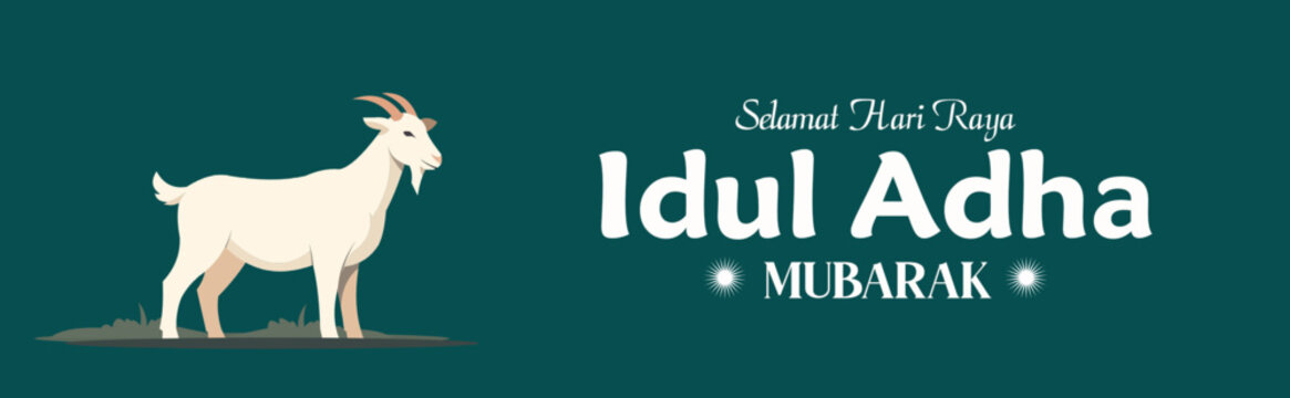Selamat Idul Adha.Translation: Happy Eid Al Adha Mubarak. Eid al-Adha Greeting with typography and goat illustration