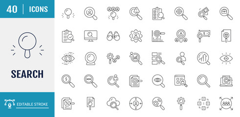 Search icon set. Includes magnifying glass, find, research, SEO, investigate, and more. Vector illustration with editable strokes