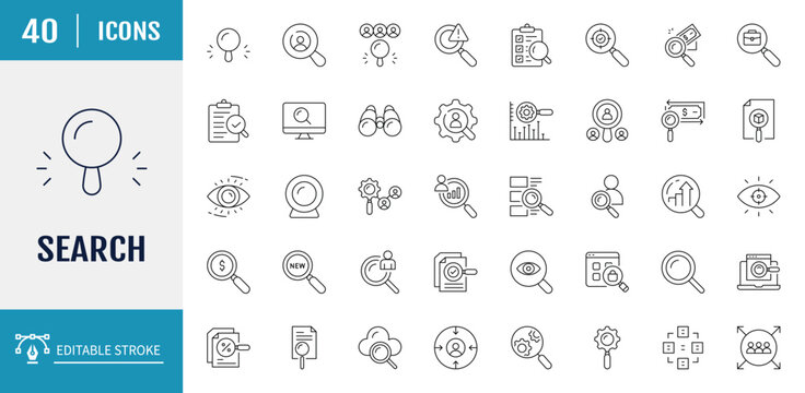 Search icon set. Includes magnifying glass, find, research, SEO, investigate, and more. Vector illustration with editable strokes