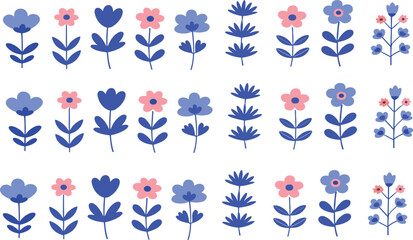 Colorful modern floral pattern set with abstract flowers leaves and dots in trendy flat illustration style