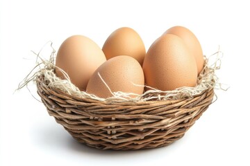 Fresh brown eggs nestled in a rustic woven wicker basket perfect for baking breakfast or brunch Soft natural lighting