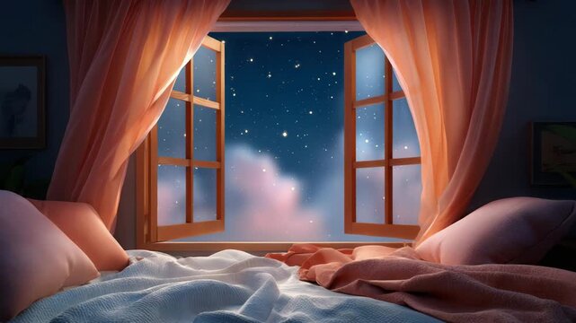 Cozy bedroom with open window looking out at starry night sky
