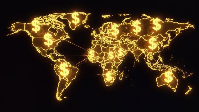 Animated global map illuminated with glowing dollar signs, representing international finance, economic connections, global trade, and financial networks.