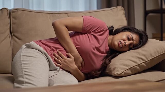 Woman experiencing abdominal pain, clutching her stomach while lying on a sofa