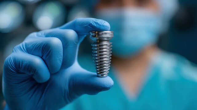 Dentist holding dental implant in hand with blue gloves