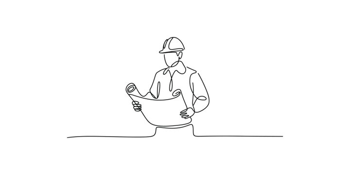 Continuous line drawing of a construction worker or engineer reviewing a blueprint