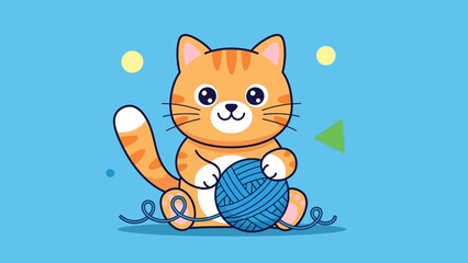 Fototapeta premium Cute cartoon ginger cat playing with blue yarn ball, illustration