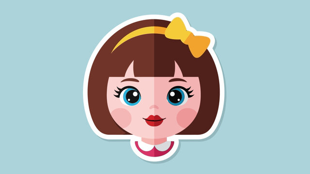 Cute cartoon girl face with yellow bow, big blue eyes, and brown bob haircut