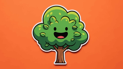 Fototapeta premium Cute Cartoon Tree Sticker with Happy Face on Orange Background