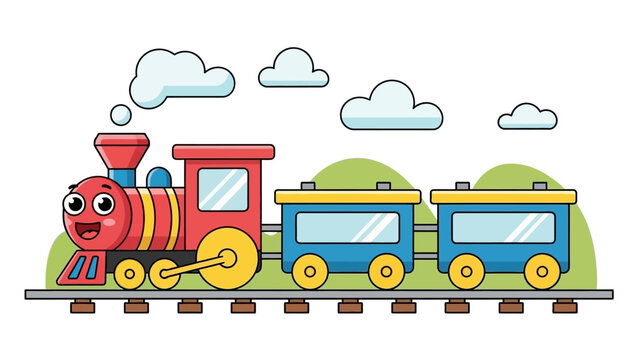 Cute cartoon train with carriages on railway tracks, smiling face