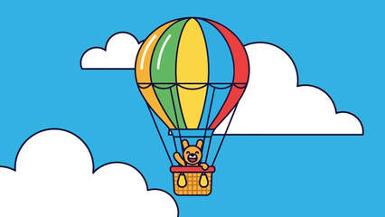 Obraz premium Cute Teddy Bear rides hot air balloon, waving happily in blue sky with clouds