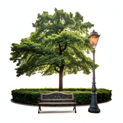 Fototapeta premium A miniature Japanese bonsai tree grows in a ceramic pot within a summer garden landscape featuring green grass, stones, and traditional architecture under a clear blue sky