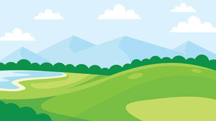 Obraz premium Green Hills Landscape with River, Trees and Mountains Cartoon Illustration